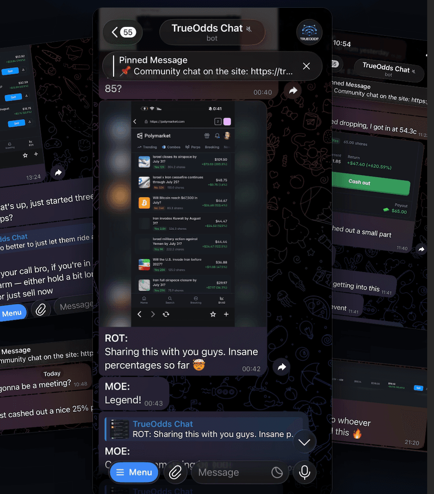 The TrueOdds community sharing plays on Telegram