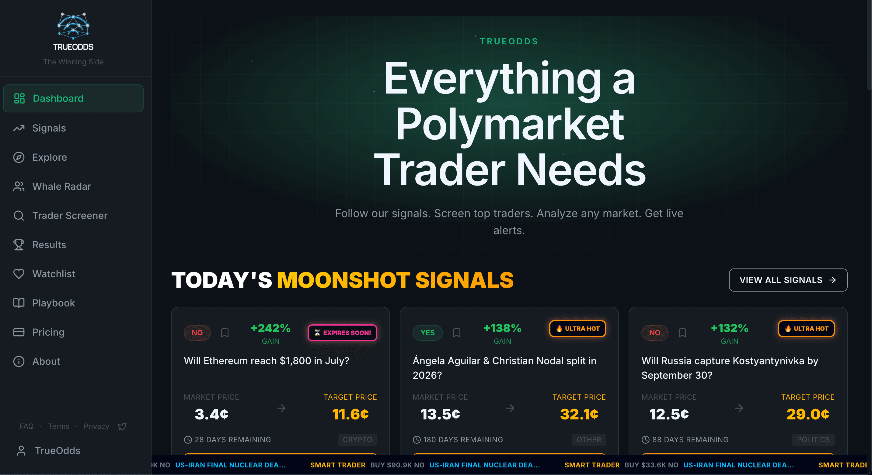 TrueOdds dashboard with today's Moonshot signals and live whale trades
