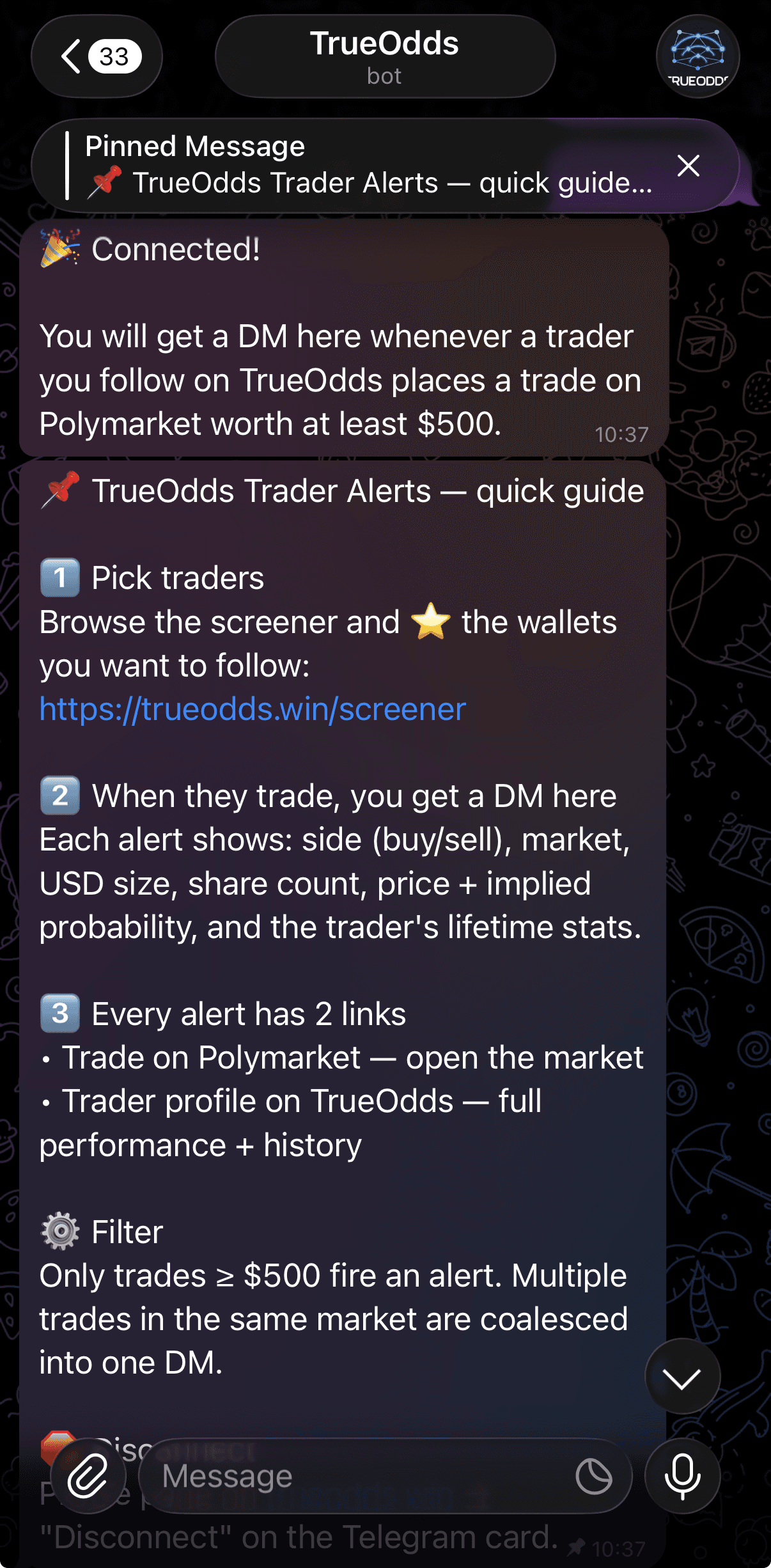 TrueOdds Telegram bot with live trader alerts