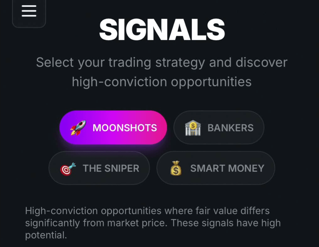 TrueOdds Signals page with the four signal groups