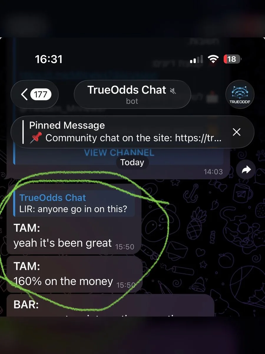 Telegram messages: "yeah it's been great" and "160% on the money".