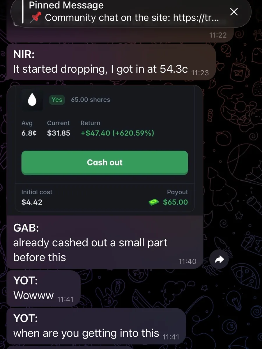 Telegram screenshot of a position up 620.59 percent, with members replying "Wowww".