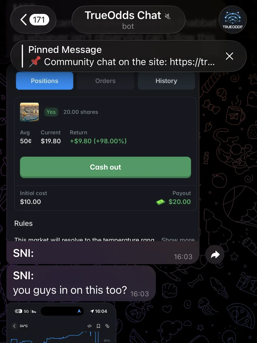 Telegram screenshot of a position up 98 percent, member asking "you guys in on this too?".