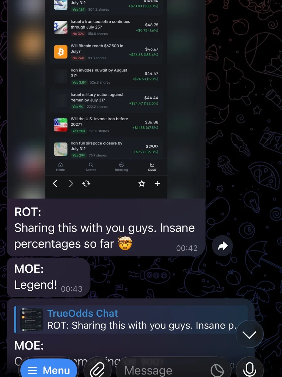 Telegram message: "Sharing this with you guys. Insane percentages so far", reply "Legend!".