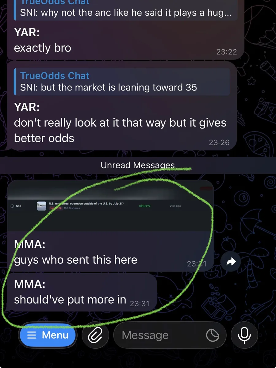 Telegram messages: "guys who sent this here" and "should've put more in".