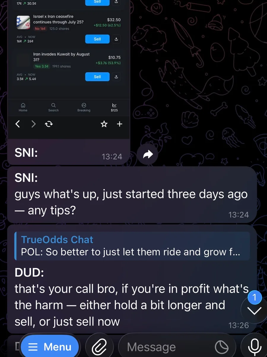 Telegram message: "guys what's up, just started three days ago, any tips?" with members answering.