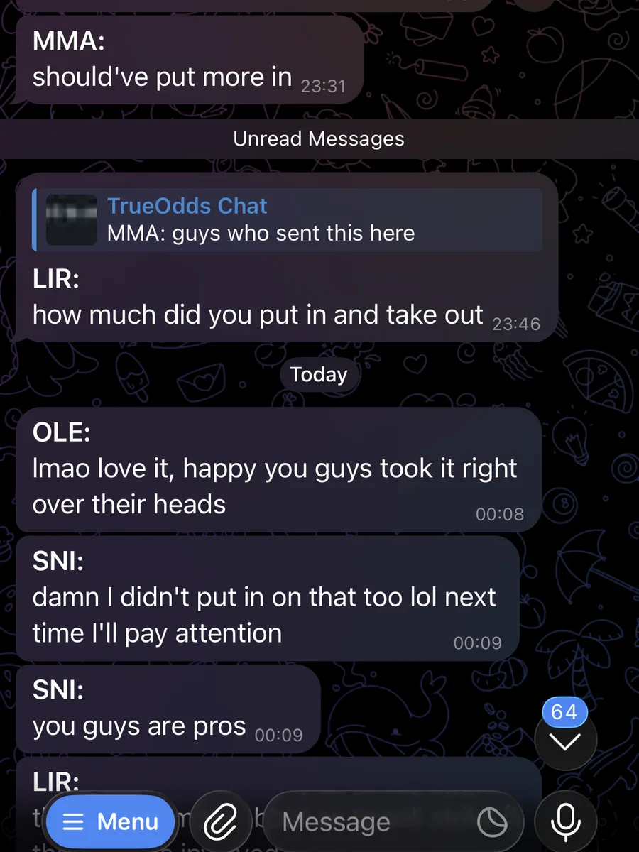 Telegram messages: "lmao love it, happy you guys took it right over their heads" and "you guys are pros".