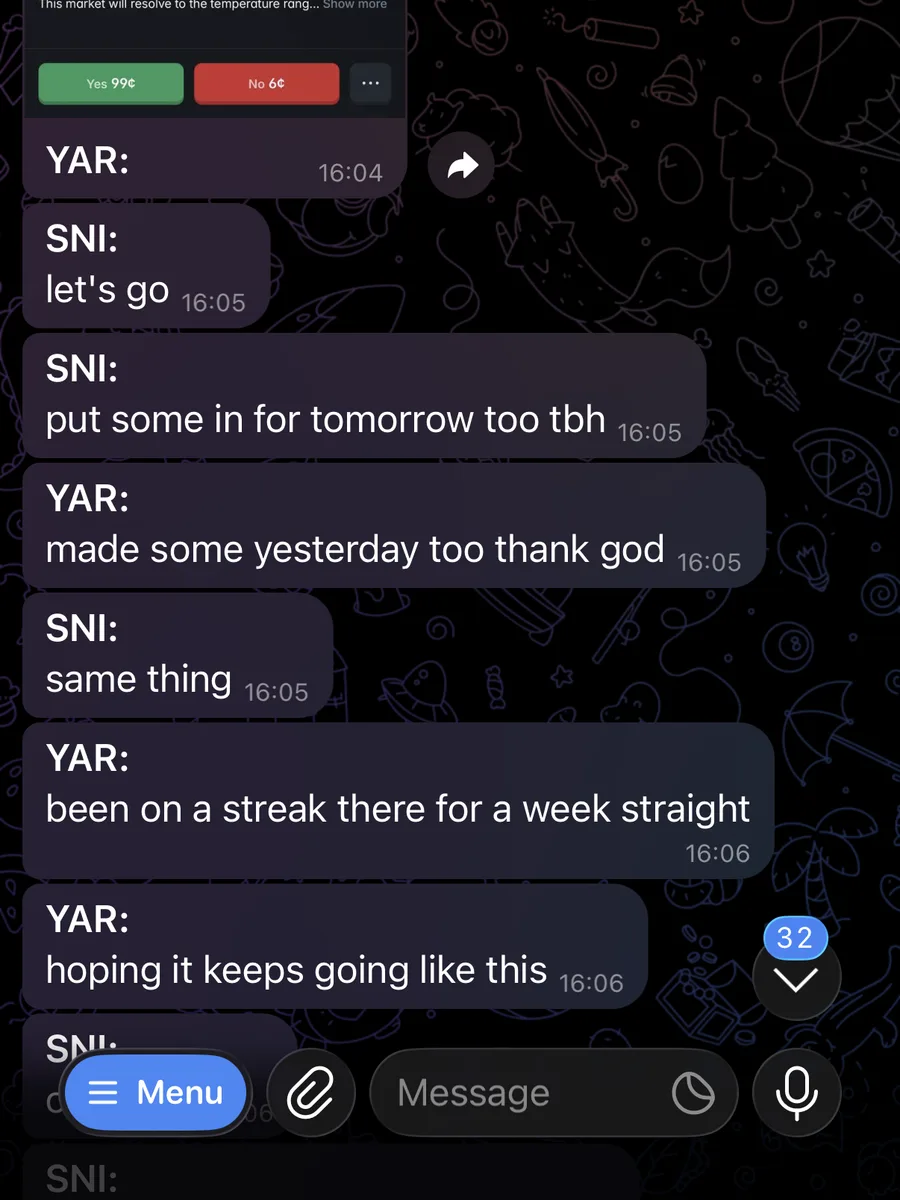 Telegram messages: "made some yesterday too" and "been on a streak there for a week straight".