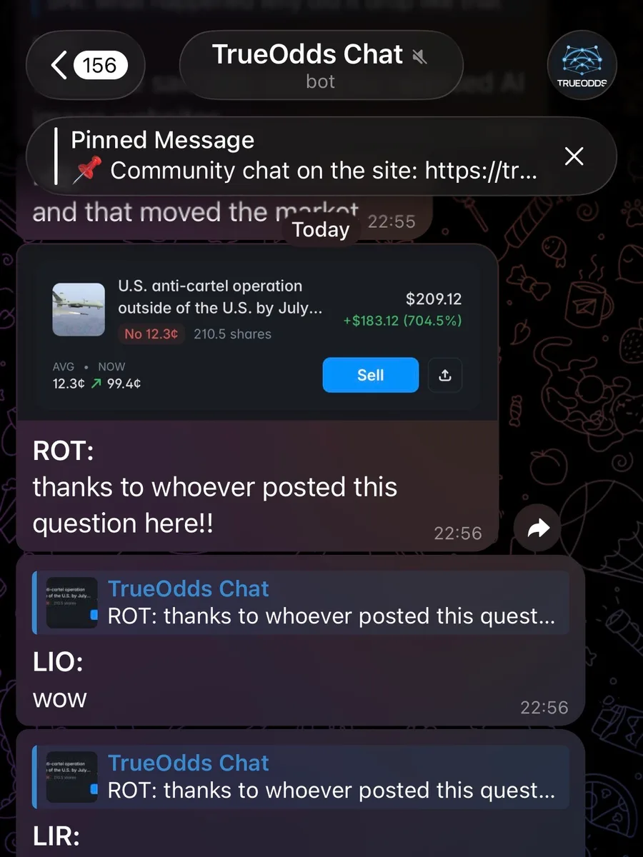 Telegram message: "thanks to whoever posted this question here!!" next to a position up 704.5 percent.
