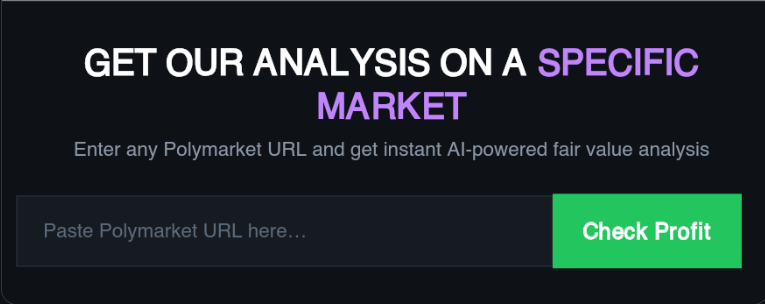 The TrueOdds Analyze input — paste any Polymarket URL and get an instant AI-powered fair value analysis.